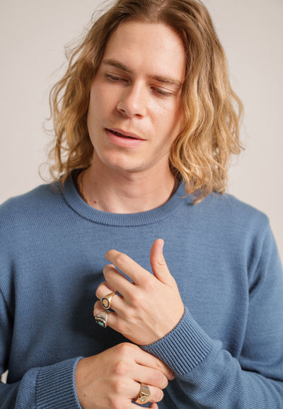 pull épais laine bio loom Bleu tempête closeup