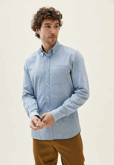 chemise coton lin bleu clair face main