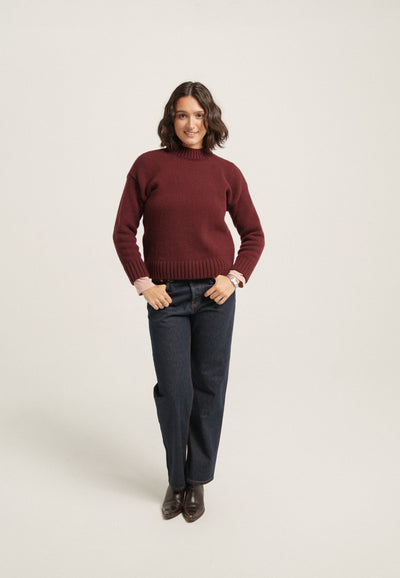 pull col montant coton bio made in france aubergine en pied