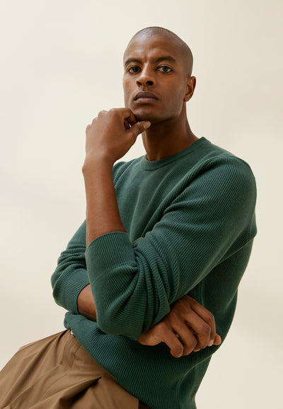 pull texturé coton bio loom vert anglais main