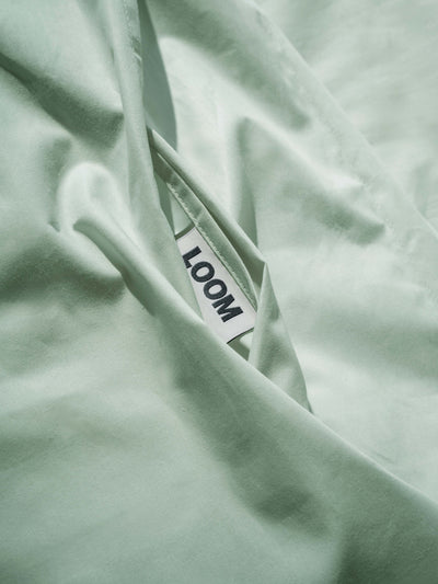 housse de couette coton bio loom vert pâle détail étiquette