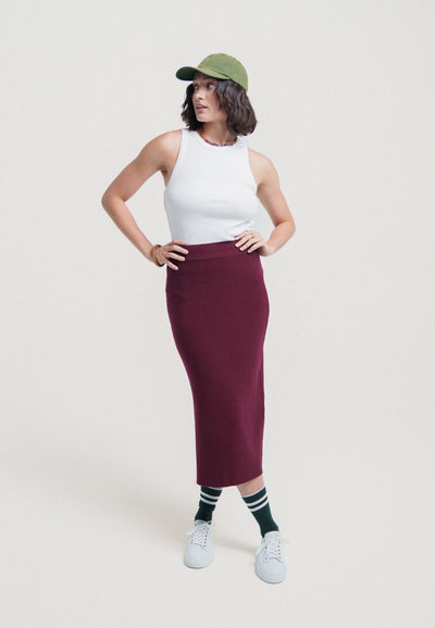 jupe en maille coton bio laine bio aubergine main