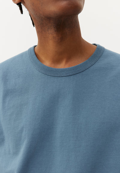 t-shirt heavyweight coton bio loom Bleu tempête détail col