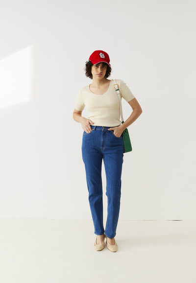 jean droit femme loom bleu moyen en pied main